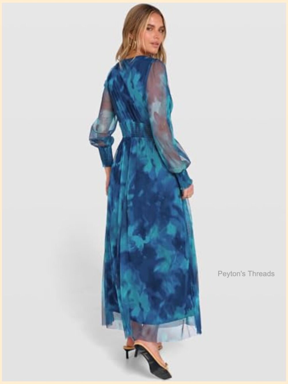 Floral Maxi Dress V Neck Puff Long Sleeve Flowy Casual Wedding Guest Tulle Dress - Picture 6 of 7